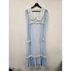 Vintage Gingham Dress Womens Blue Lace Maxi Prairie Cottagecore Ruffle 70s